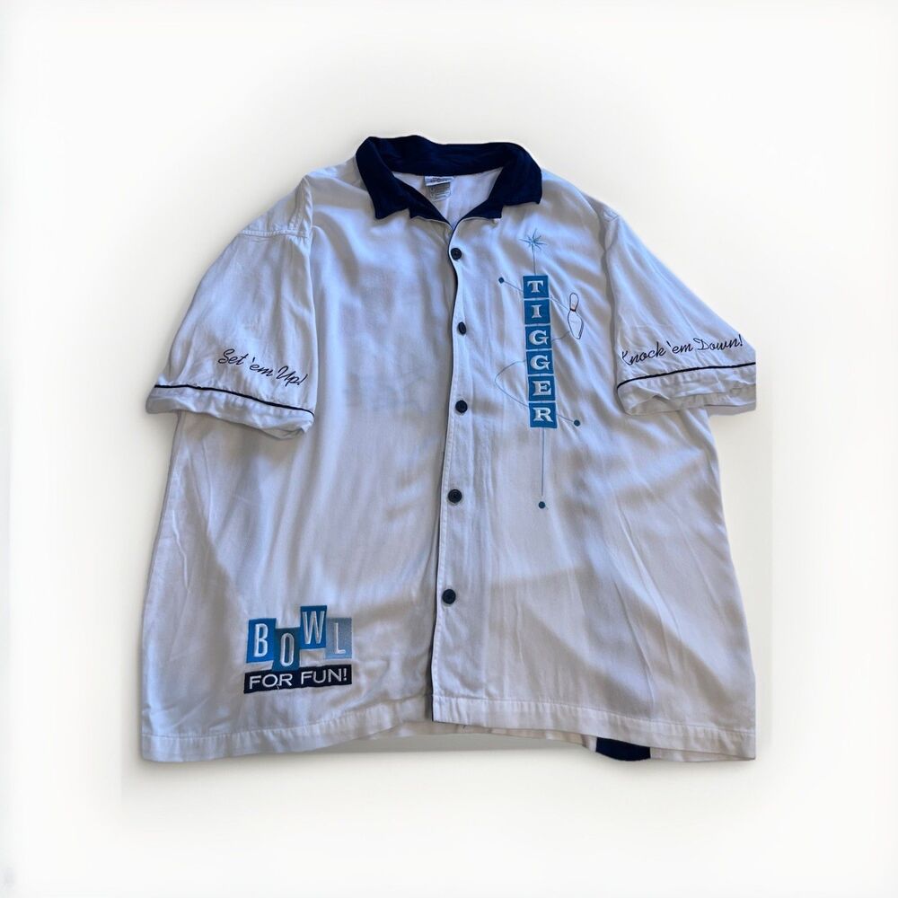 Disney Store Tigger White Navy Blue Bowling Shirt Size L Unisex Adult VNTG H.K